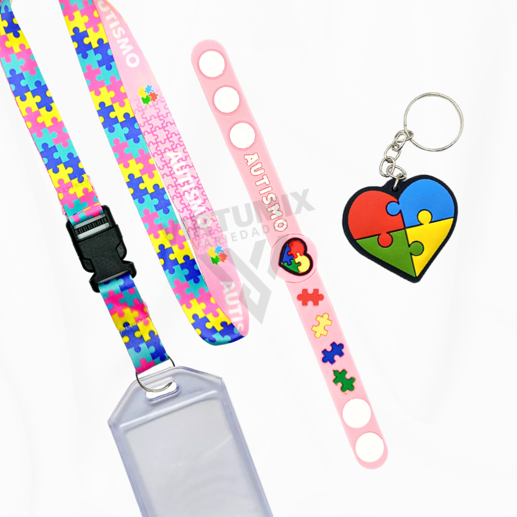 Kit 04 Peças de Identificação Autismo Rosa Cordão Pulseira Chaveiro e Porta Crachá em Oferta na Shopee