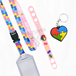 Kit 04 Peças de Identificação Autismo Rosa Cordão Pulseira Chaveiro e Porta Crachá