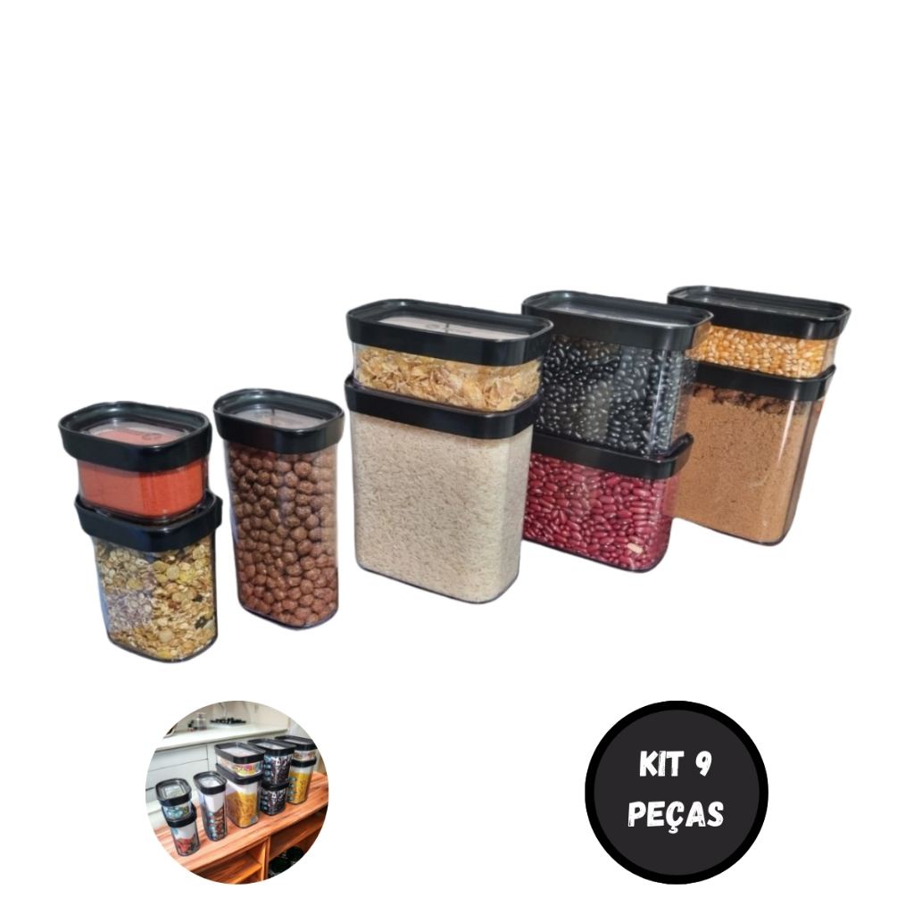 Kit 9 Potes Herméticos Pote Para Mantimentos Cozinha Empilhável Com Tampa Utilidade Domestica