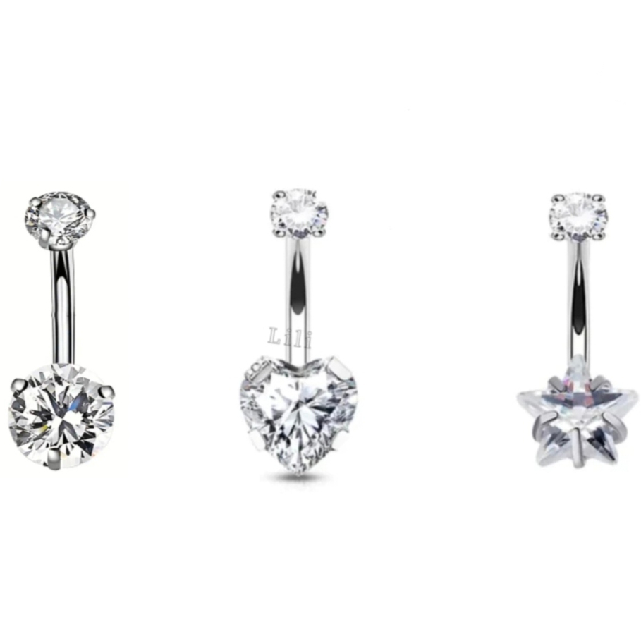 Kit Piercing de Umbigo Zircônias de Estrela/Coração  em Aço Cirúrgico Rosca interna