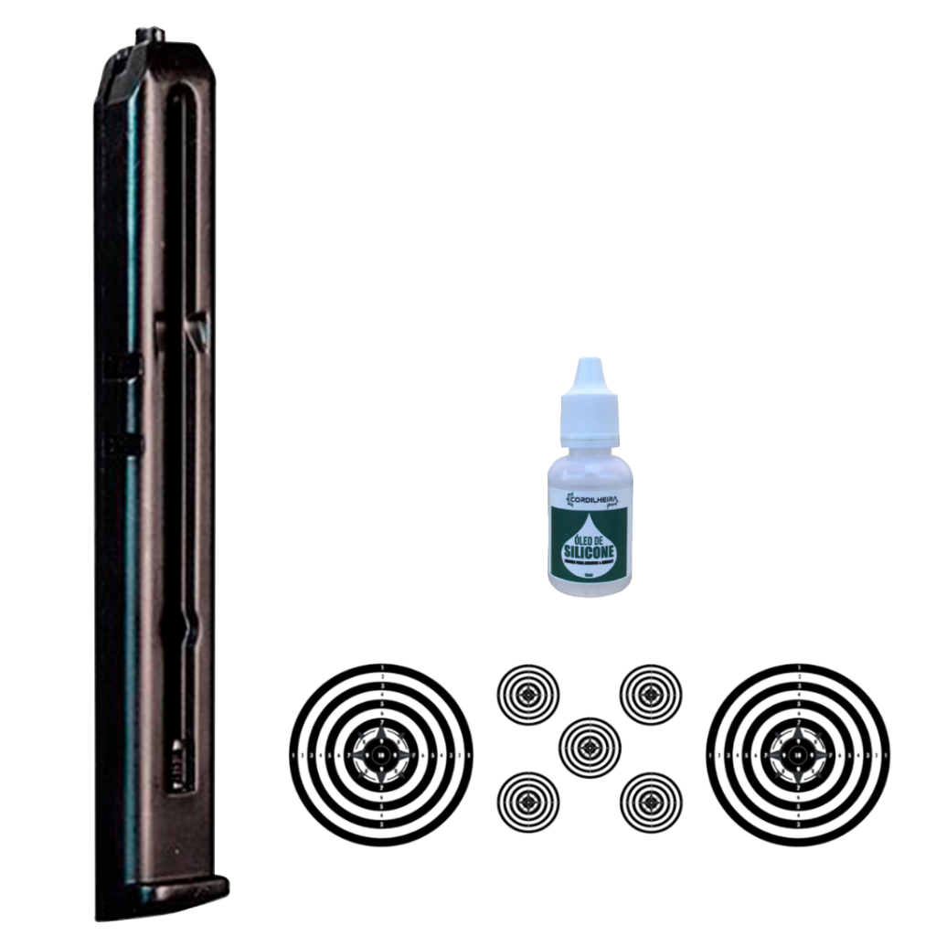 KIT Acessórios 1 Magazine Compativel com C11/W301 4,5mm Co2 + 03 Alvos + 01 Óleo de Silicone em Oferta na Shopee