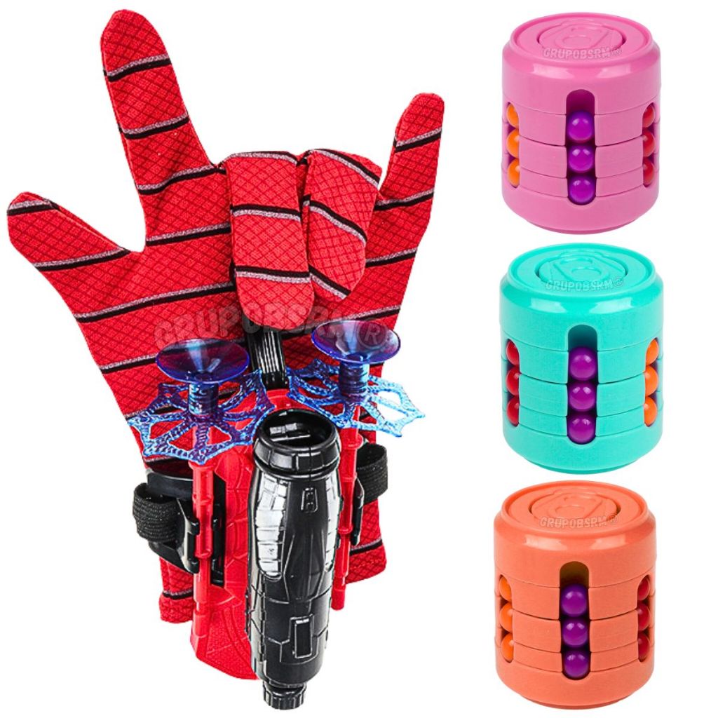 Kit Luva Aranha Lançador de Teia Dardos Menino Presente Criança 3 anos Fantasia infantil Super Herói Cosplay Spider + 3 Brinquedos Tiro ao Alvo Latinha Mágica Fidget Toy 3 em 1 Cilindro Mágico Hand Spinner
