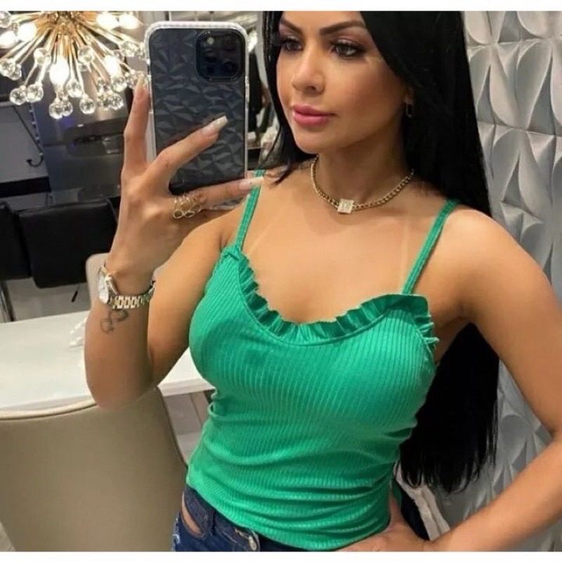 Blusa Regata Feminina Canelada Alcinha Babado Bojo Primavera Verão
