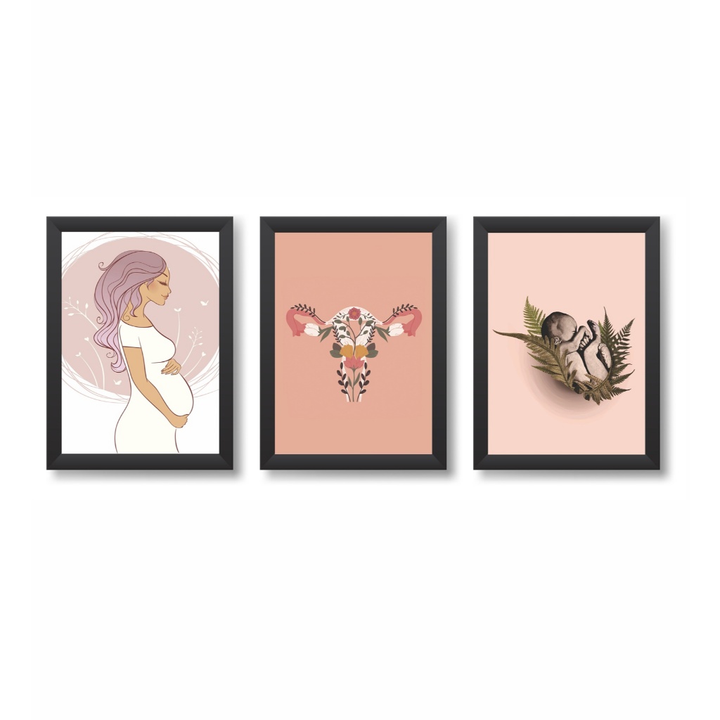 Kit 3 Quadros Decorativos Gestante Ginecologia Obstetrícia Consultório Molduras 20x30cm Madeira