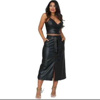 Saia Midi Feminina reta Cintura Alta com fenda em Oferta na Shopee