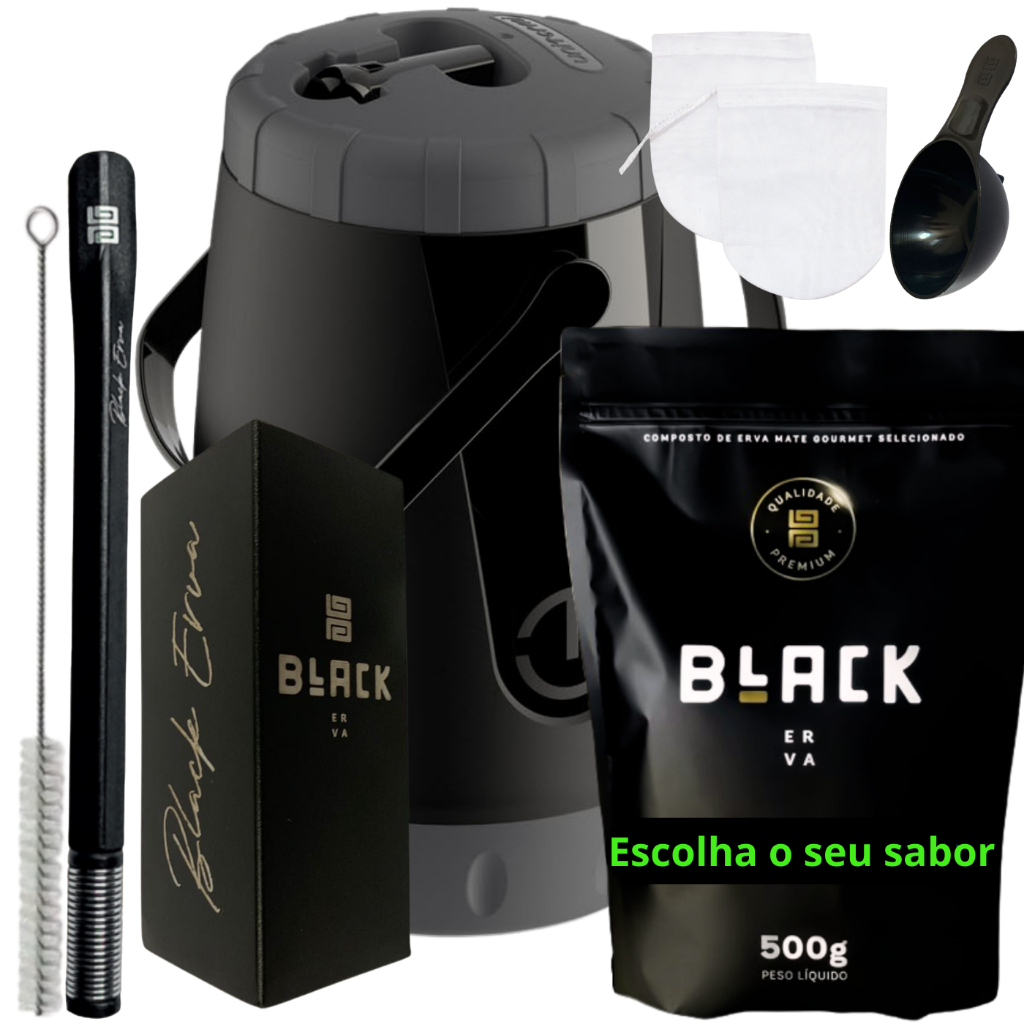 Kit Tereré Black Erva Mate Garrafa térmica Pávia Unitermi Copo Inox Bomba Mola Inox Quadrada Preta