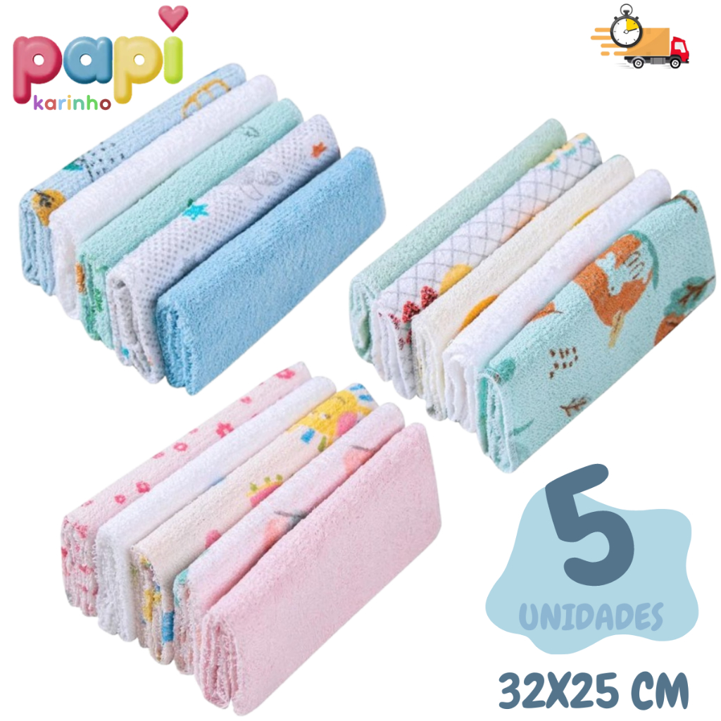 Toalhinha De Boca Papi Karinho Estampada 32x25cm Com 05 Unidades - Enxoval Bebe