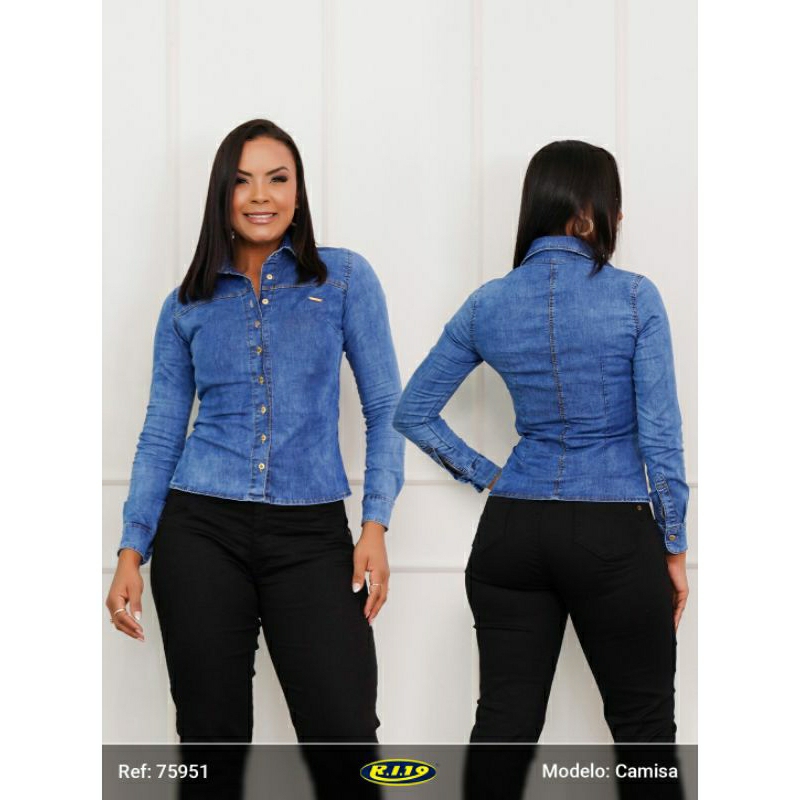 Camisa Jeans Feminina RI19 Moda Country P, M, G e GG