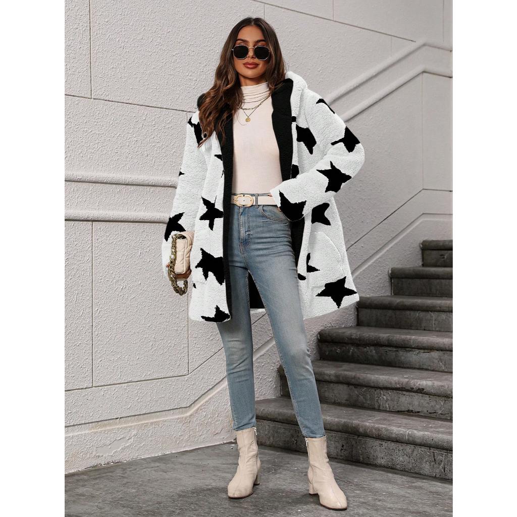 Casaco sobretudo longo importado teddy dupla face lã reversivel estampa estrela forrado com bolso e capuz