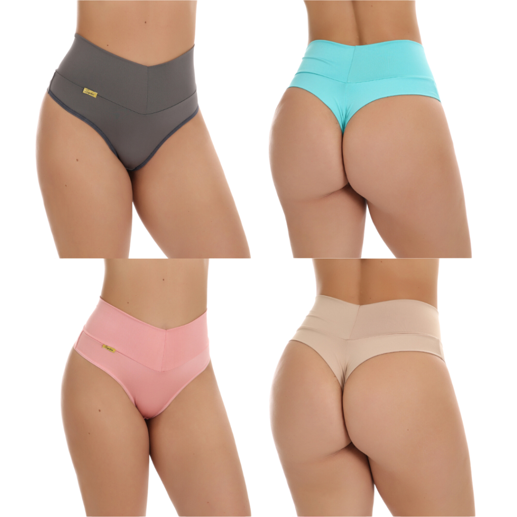 Kit 4 Calcinhas Cinta Modeladora Cós Alto Fio Dental Duplo Cintura Alta Tanga