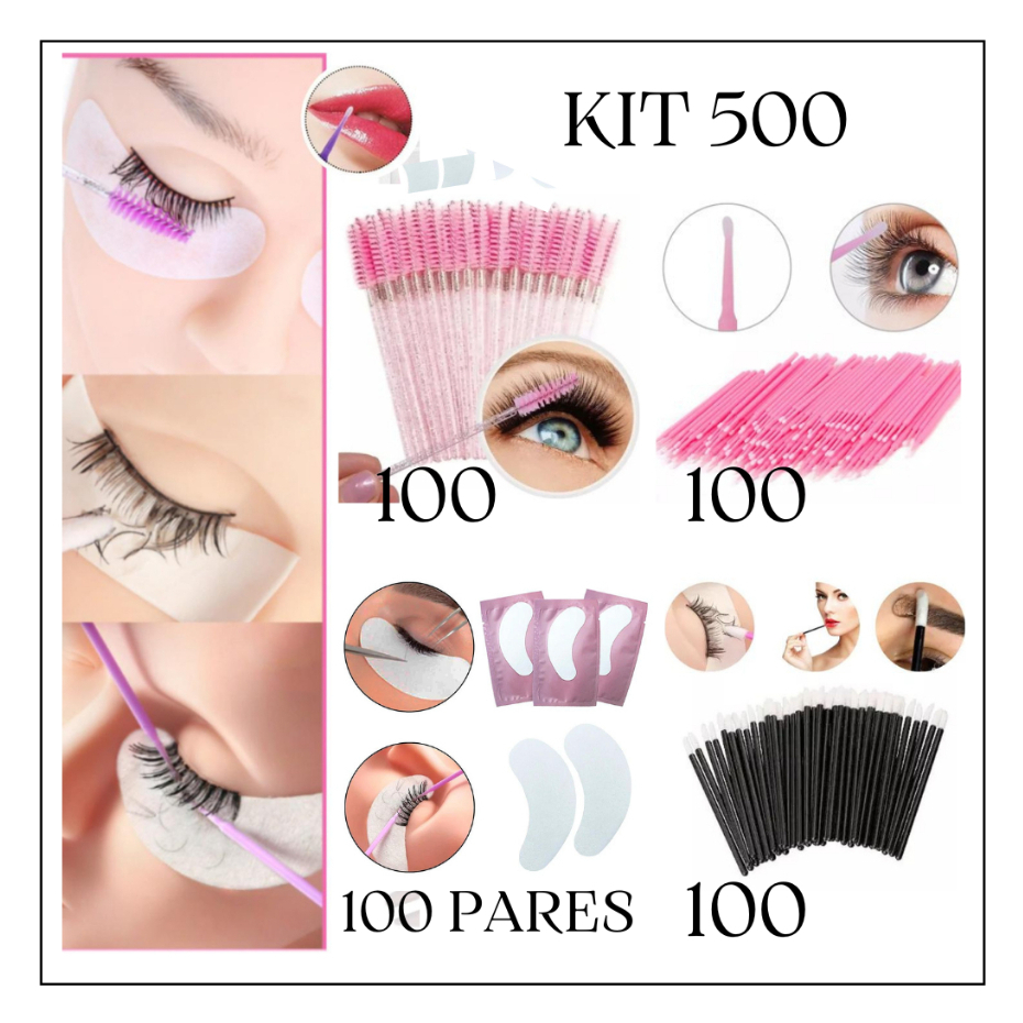 Kit 500- 100 Escovinhas + 100 Microbrush + 100 Aplicador +100 Pares de Gel Pads (200 Unidades) de Batom Alongamento Cilios