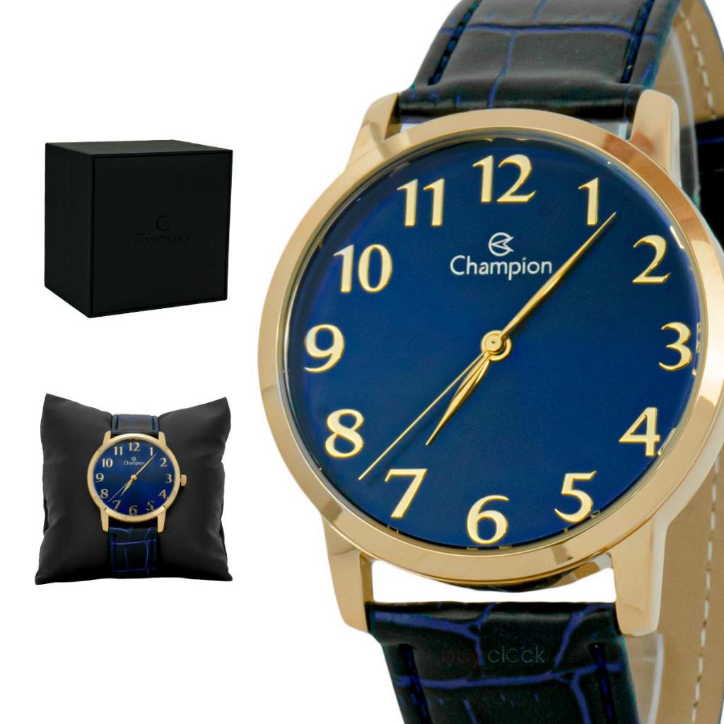 Relógio Champion Original Masculino Dourado Couro Azul Social Resistente A Agua Garantia de 1 Ano - Watches