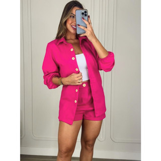 Conjunto Feminino Short e Blazer Camisa Manga Longa de Colarinho e Botões em Linho Inverno