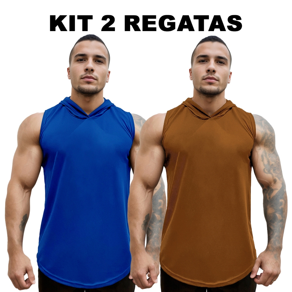 Kit 2 Regatas Azul Royal + Cores Masculina com Capuz em Dry Fit Lisa Sem Estampa Básica - Bombey