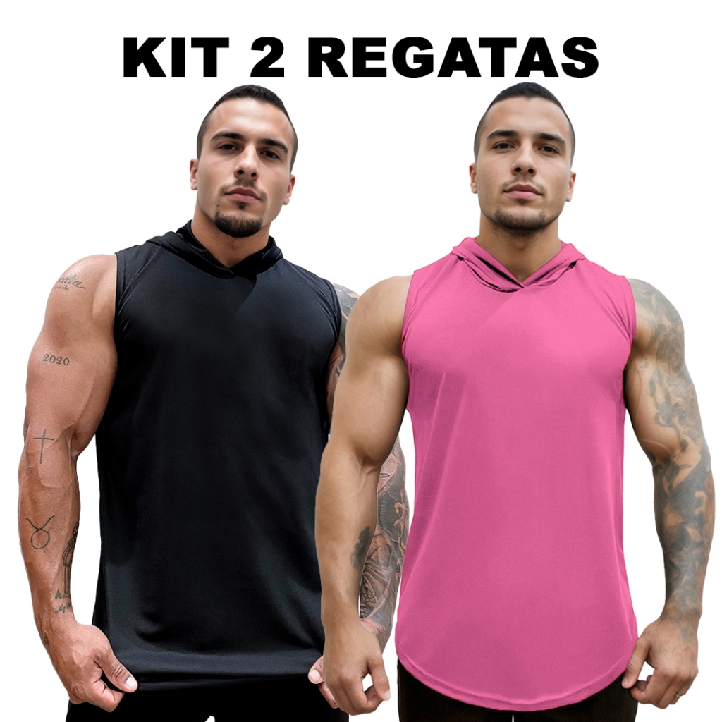 Kit 2 Regatas Preto + Cores Masculina com Capuz em Dry Fit Lisa Sem Estampa Básica - Bombey