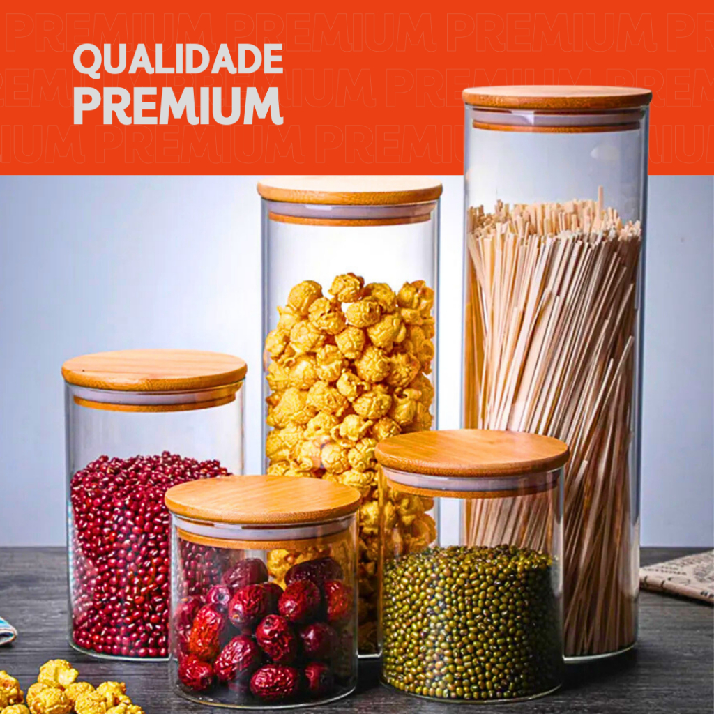 Porta Mantimento  De Vidro Herméticos - Kit Com 5 - Tampa De Bambu - Mazzal