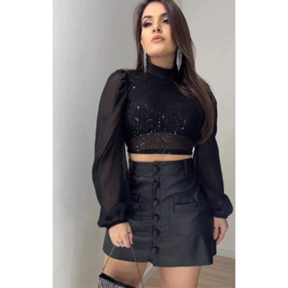 Conjunto Saia e Cropped Moda Brilho Balada Gola Manga Longa Bufante Tule Paetê Couro Sintético Festa Gringa em Oferta na Shopee