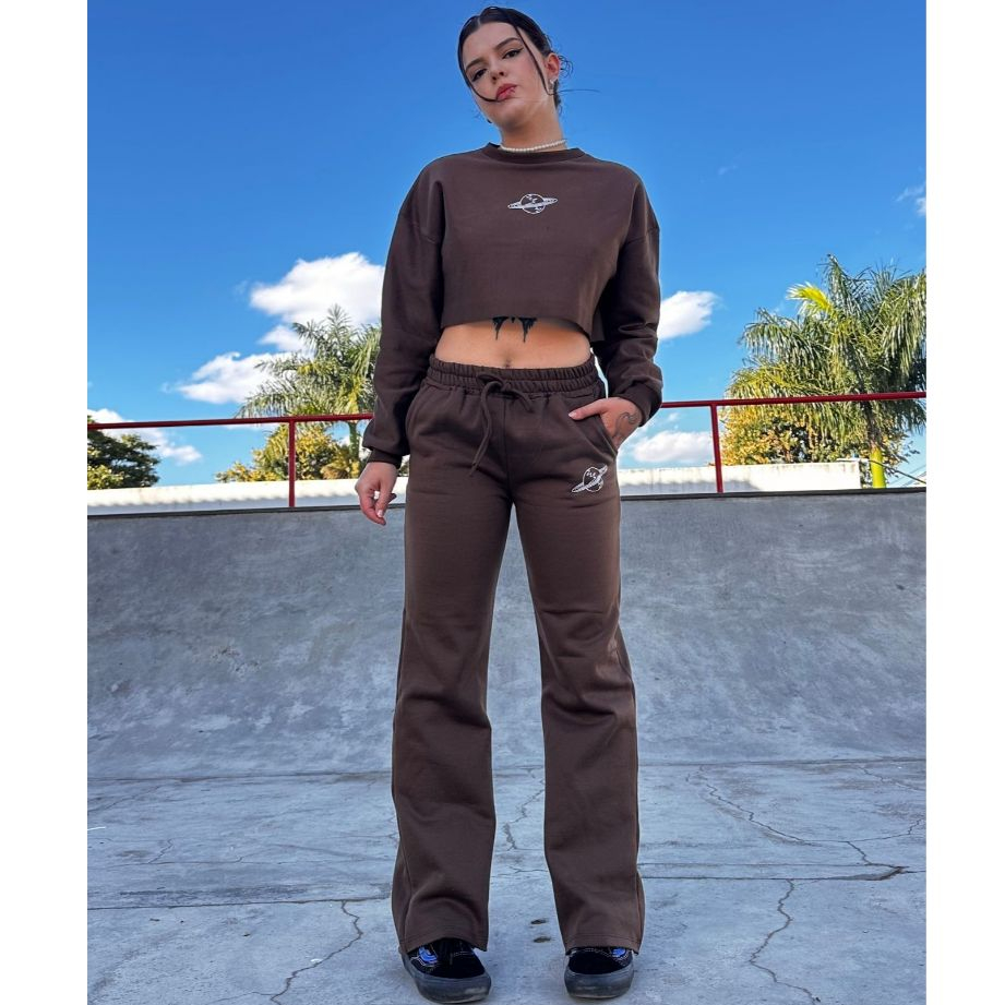 Conjunto de Moletom Marrom estampa planeta flanelado por dentro - Calça e Blusa