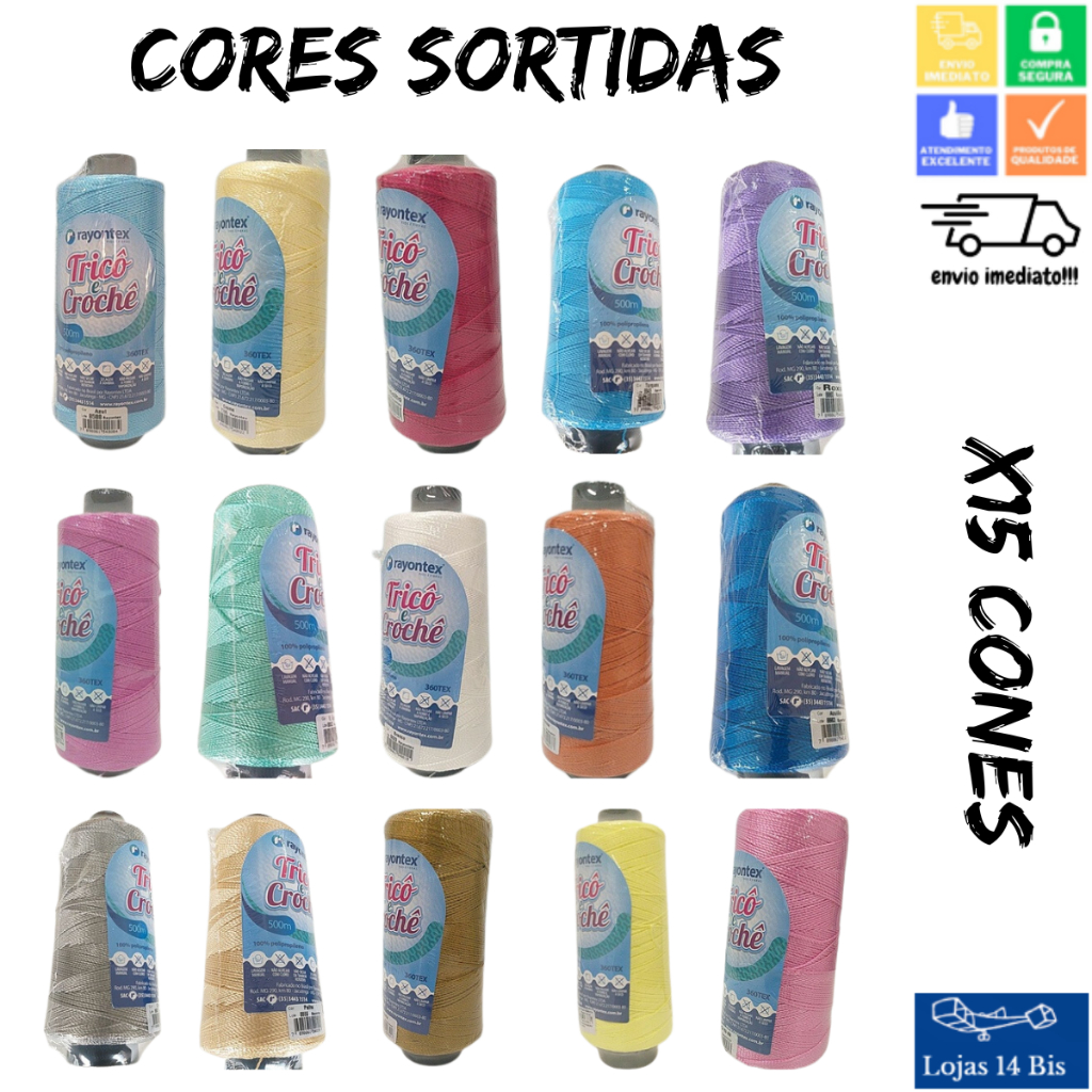 15 Cones de Linha para Tricô Crochê Rayontex Artesanato Roupas Trancas Tererê 500m 100g TEX360 Cores Sortidas em Oferta na Shopee