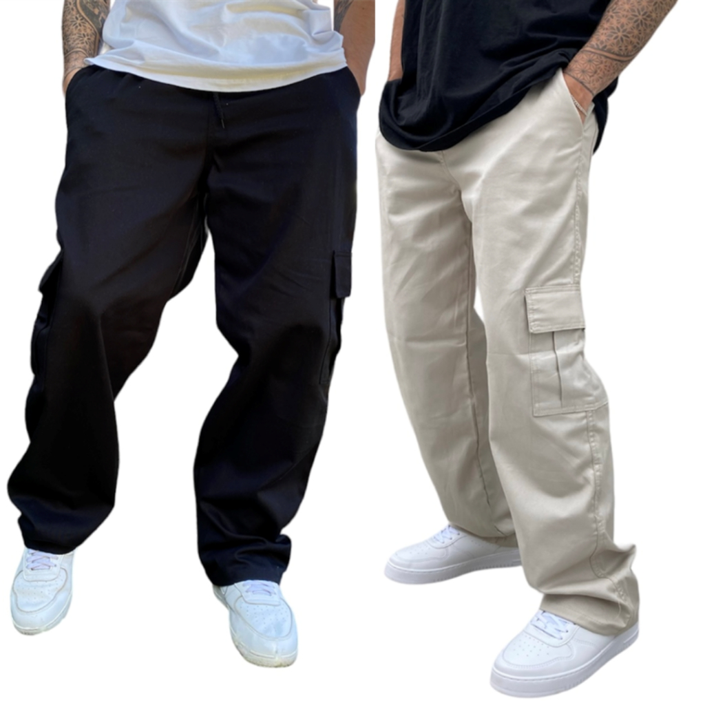 Kit 2 Calça Cargo Larga Skate Bege Preto Moda Masculina E Feminina Bolso