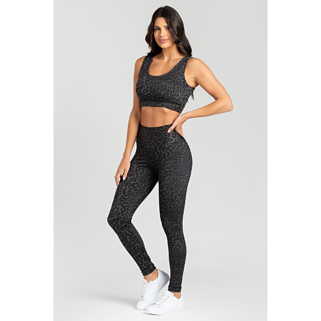 Legging Estampada Onça-Preta Feminina Poliéster Moda Fitness Não Transparente Cintura Alta Plus Size Academia Dia a Dia