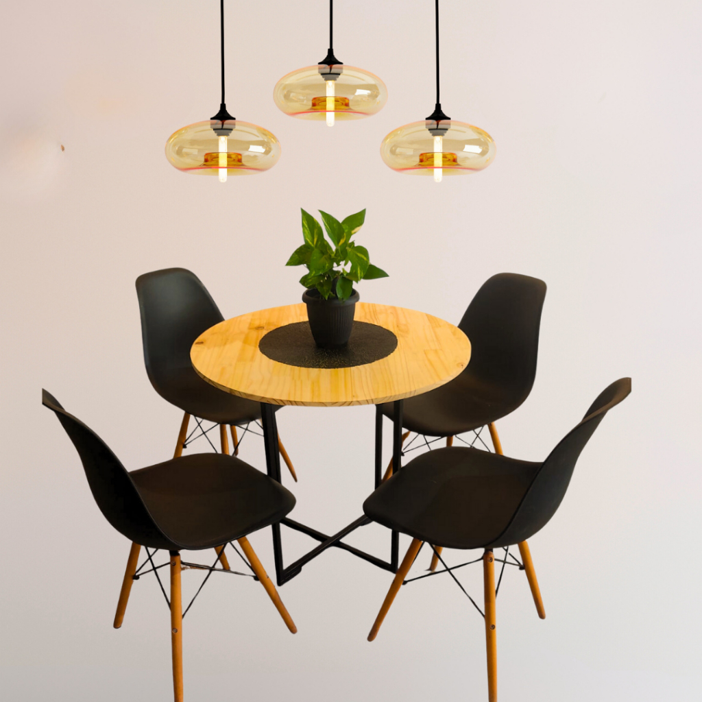 Mesa De Jantar Redonda Para 4 Lugares Cadeiras Estilo Industrial De Ferro Com Tampo De Madeira Maciça Decorativa