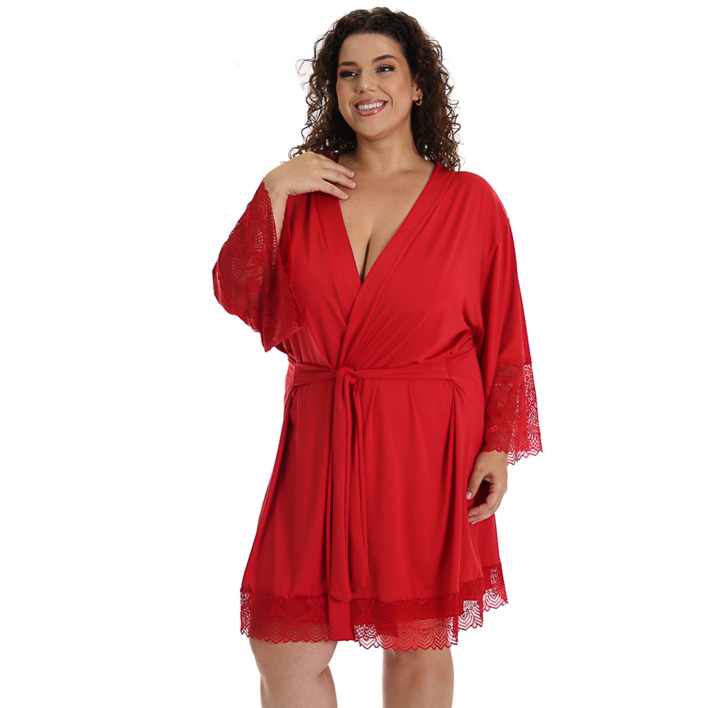 Robe Plus Size Luxo Manga 3/4 Renda microfibra luxo elasticidade com cinto sexy elegante namorados