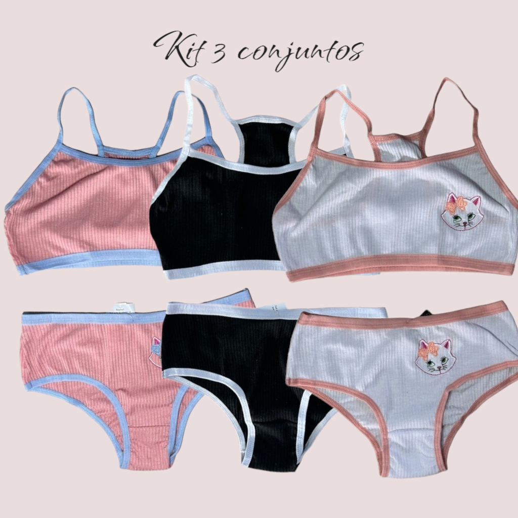 Kit 3 Conjunto Infantil Canelado Com Bordado Top e Calcinha em Algodão Moda Intima Infanto Juvenil