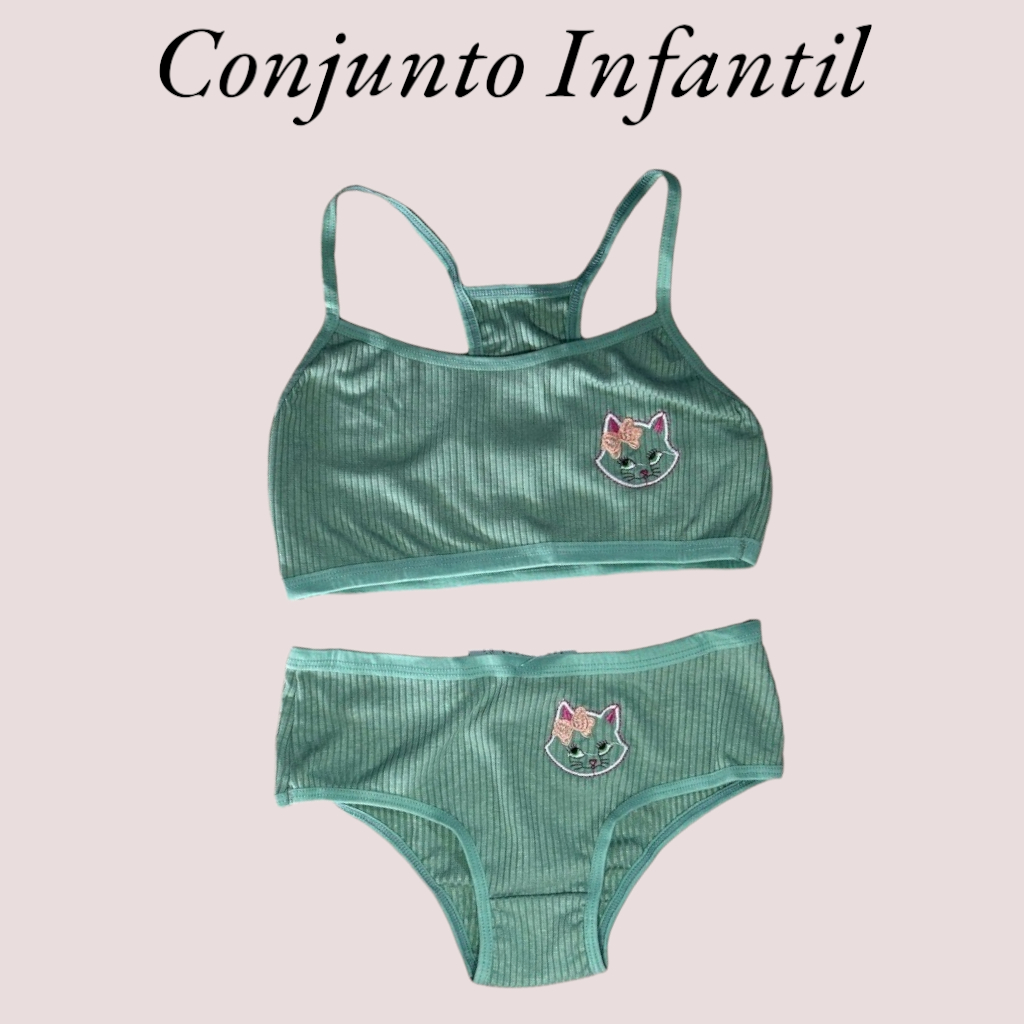 Conjunto Infantil Canelado Com Bordado Top e Calcinha em Algodão Juvenil Moda Intima Confortável