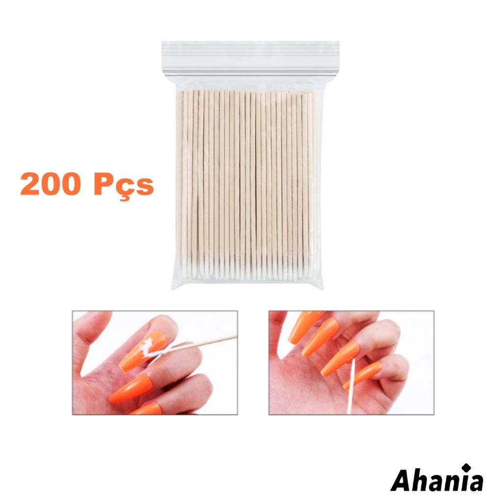 Ahania 200 Pcs Palitos Com Algodão De Limpeza 7cm  Cabo Madeira Descartável, Para Manicure e Cílio