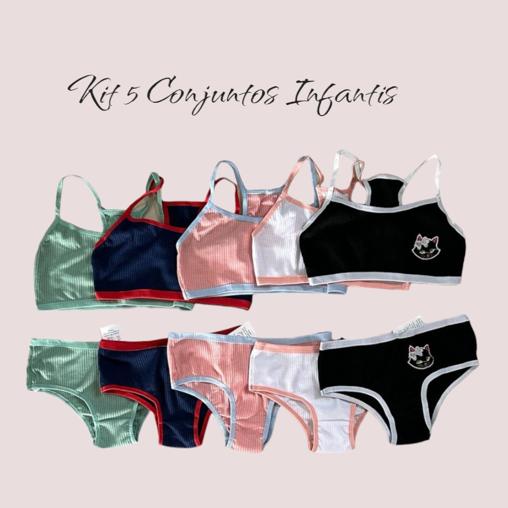 Kit 5 Conjunto Infantil Canelado Com Bordado Top e Calcinha em Algodão Infanto Juvenil Confortável