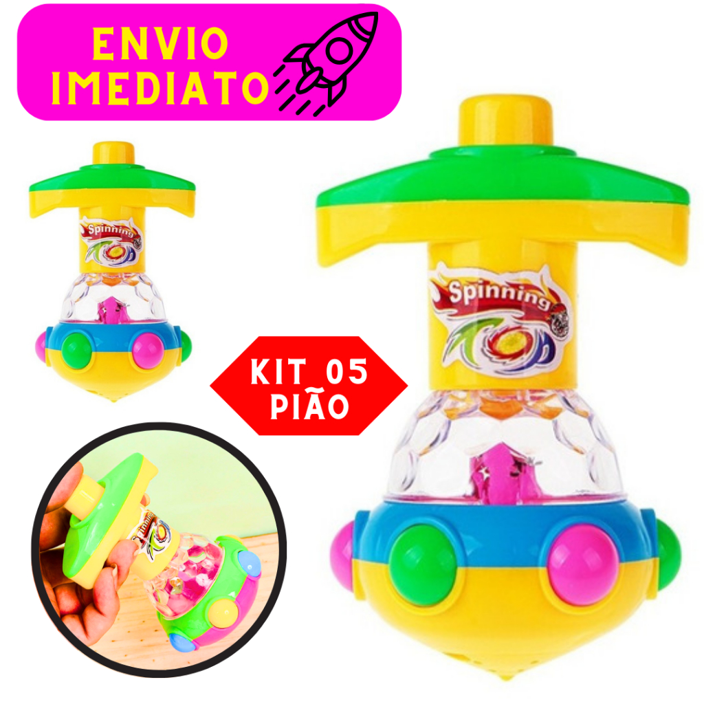 Kit 5 Pião Com Lançador Giratório Colorido com Luz Diversão Garantida Diversão ao Ar Livre