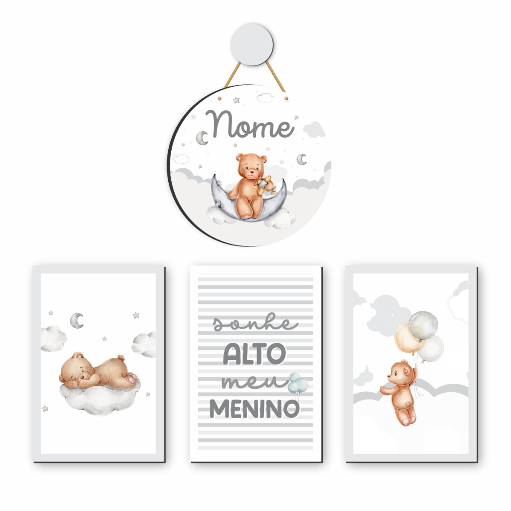 Kit 3 Quadros Placas e Porta Maternidade Urso Ursinho Nuvem Lua Céu Menino Bebê Personalizado em Oferta na Shopee