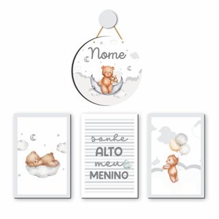 Kit 3 Quadros Placas e Porta Maternidade Urso Ursinho Nuvem Lua Céu Menino Bebê Personalizado em Oferta na Shopee