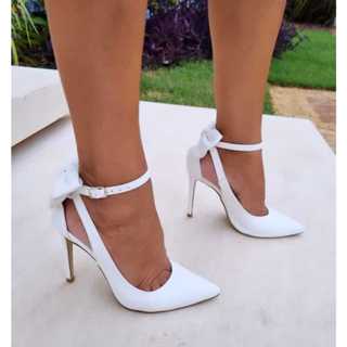 Scarpin sapato laço branco 11cm em Oferta na Shopee