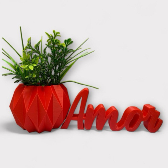 Kit Letreiro Palavra Amor mais Vaso Cachepot em Formato Origami para Suculentas e Cactos