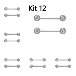 Kit 12 Piercing Mamilo de Aço inoxidável com 2 pedra zircônia
