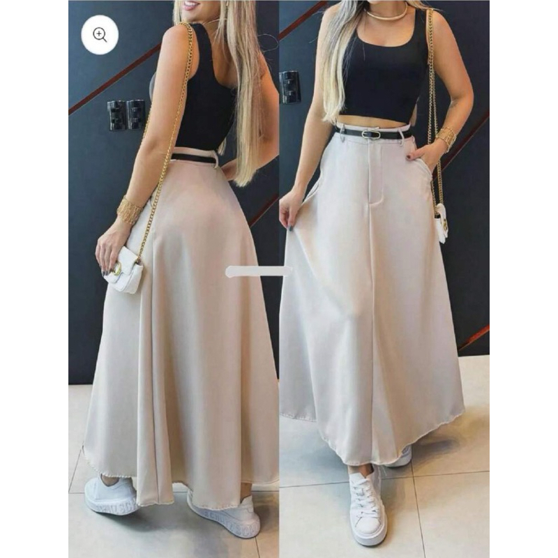 Saia longa feminina elegante corte guarda-chuva, saia guarda-chuva com bolsos - compre uma saia longa e ganhe um cinto em Oferta na Shopee