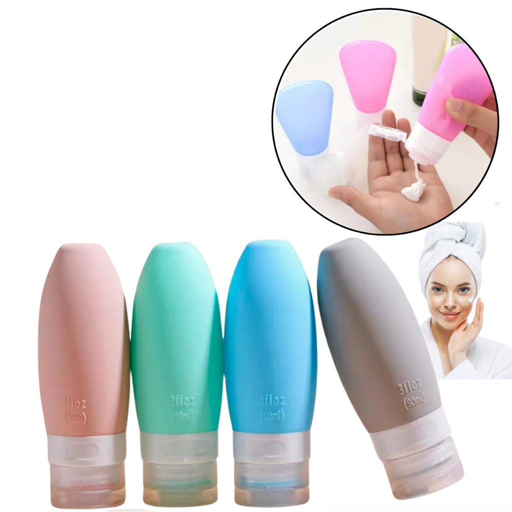 Kit Viagem 4 Frascos Silicone Pote 90ml Porta Creme Shampoo Perfume Loção Corporal Sabonete Líquido em Oferta na Shopee