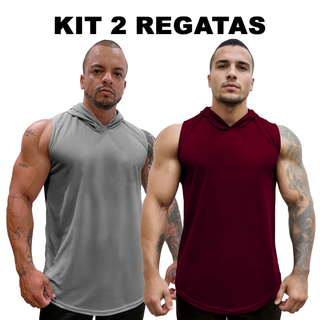 Kit 2 Regatas Metal + Cores Masculina com Capuz em Dry Fit Lisa Sem Estampa Básica - Bombey