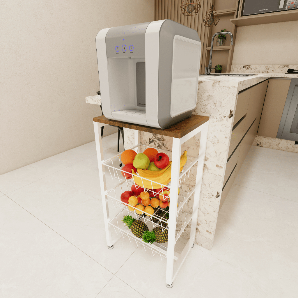 Fruteira De Chão Em Aço Cozinha Suporte Bebedouro MDF Amadeirado