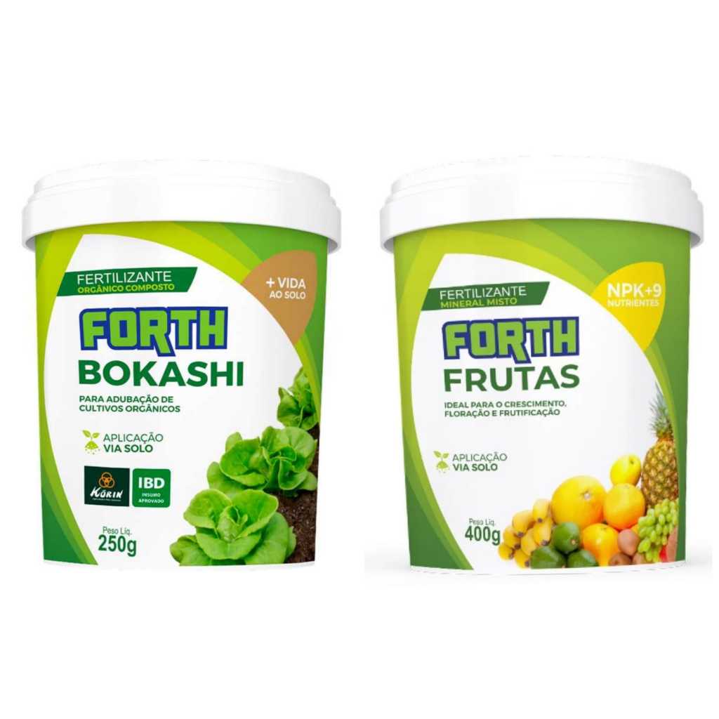 kit com 02 produtos -forth frutas 400g + forth bokashi 250g adubo fertilizantes para plantas via solo