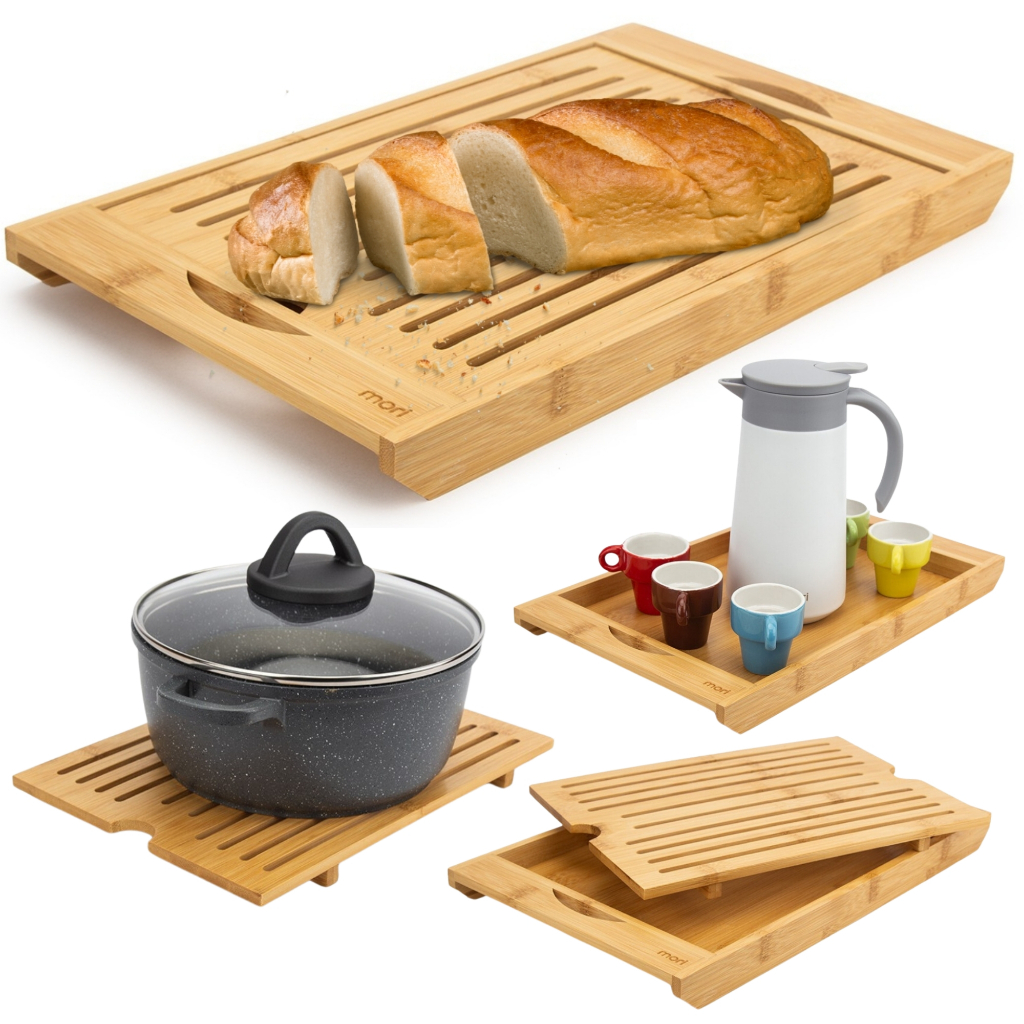 Tábua de Corte e Migalheira 4 em 1 de Bambu - Para Pão Bolo Fruteira Bandeja e Descanso de...