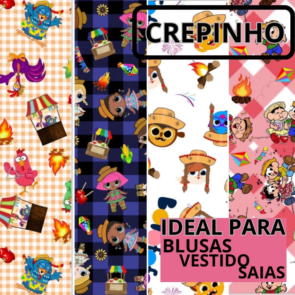TECIDO CREPE FESTA JUNINA PERSONAGENS XADREZ VÁRIAS CORES  LEVE E FRESCO  PARA VESTIDO, BLUSA, CONJUNTO, SAIA, PANTALONA