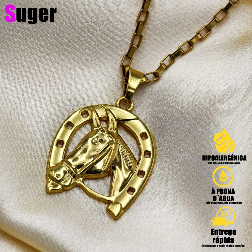 Corrente Masculina em Aço Ino Colar Feminino Banhados a Ouro 18K Pingente de Cabeça Cavalo Folheado