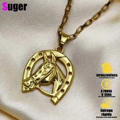 Corrente Masculina em Aço Ino Colar Feminino Banhados a Ouro 18K Pingente de Cabeça Cavalo Folheado