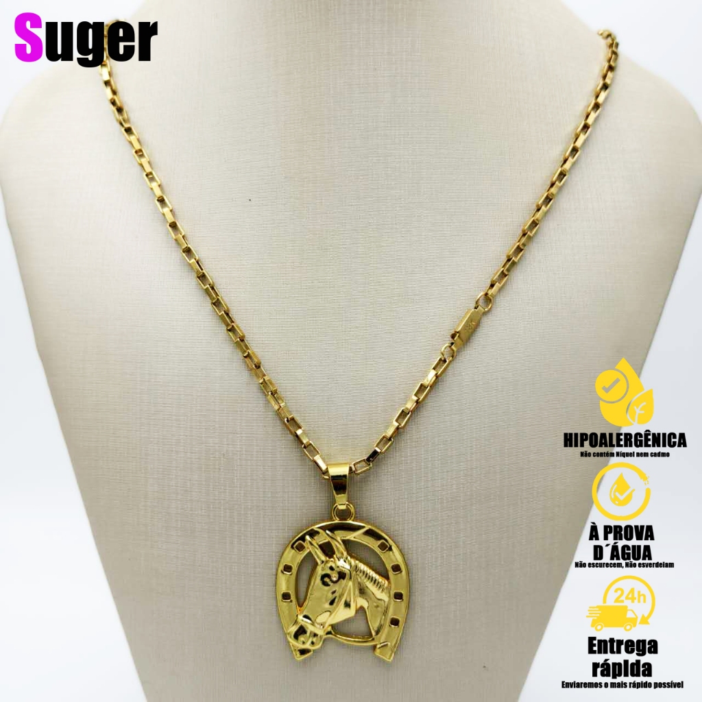 Corrente Masculina em Aço Ino Colar Feminino Banhados a Ouro 18K Pingente de Cabeça Cavalo Folheado — imagem 2 de 2