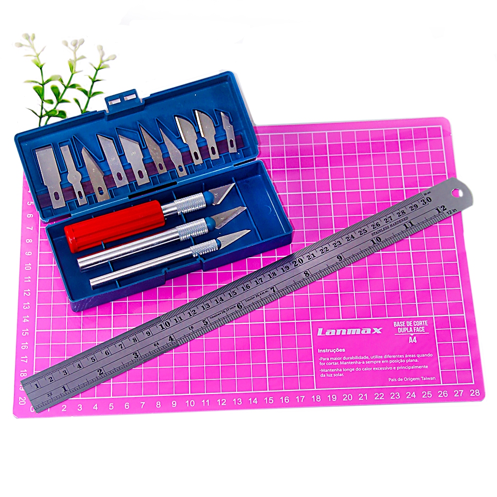 Kit Estilete Bisturi Base Corte Rosa A4 Lanmax Régua Aço 30 CM Para Artesanato Costura Patchwork