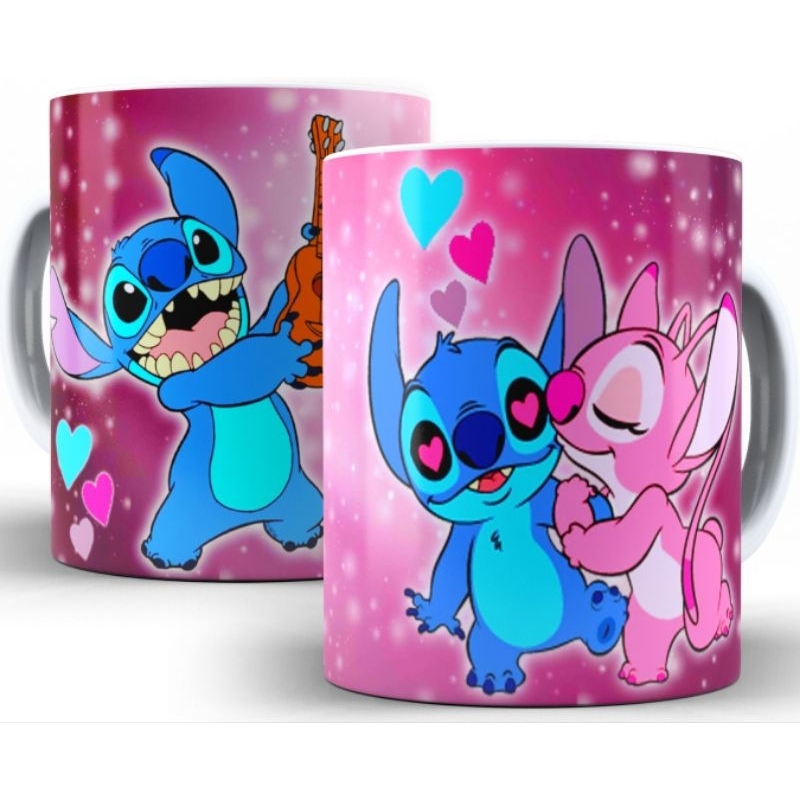 Caneca Stitch e Angel com Você sem Você 325 ml Porcelana