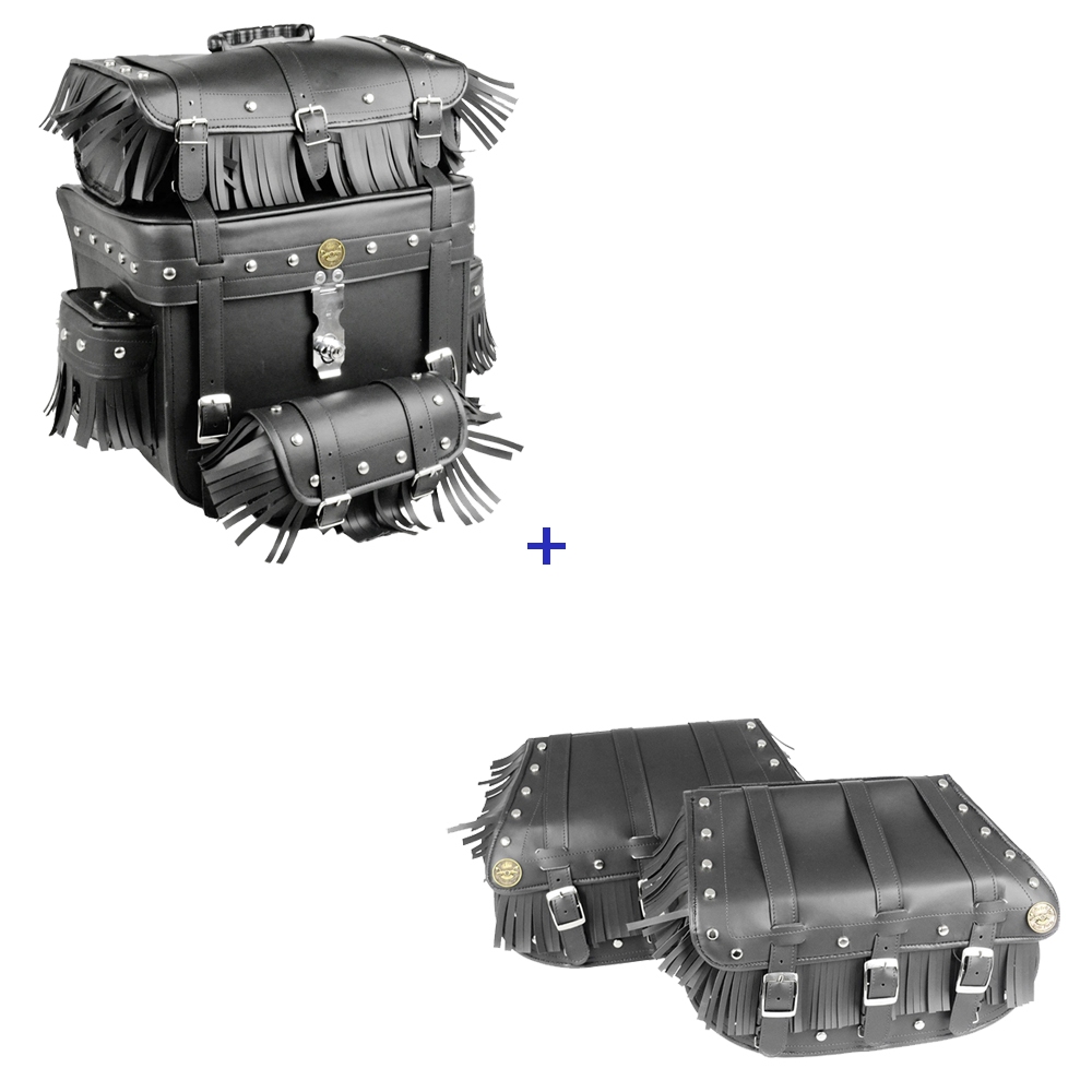 kit de viagem alforge 25 litros com cravo e franjas e Bolsa Traseira 62 litros com cravo e franjas e chave